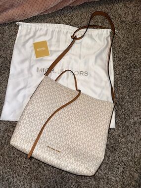 Michael Kors Beige Logo-Print Tote with Tan Trim
